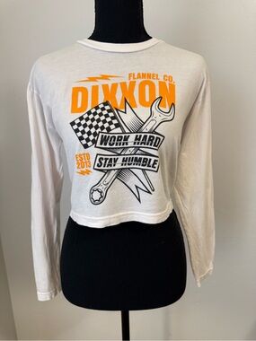 DIXXON White Long Sleeve Crop Tee with Orange & Black Graphic